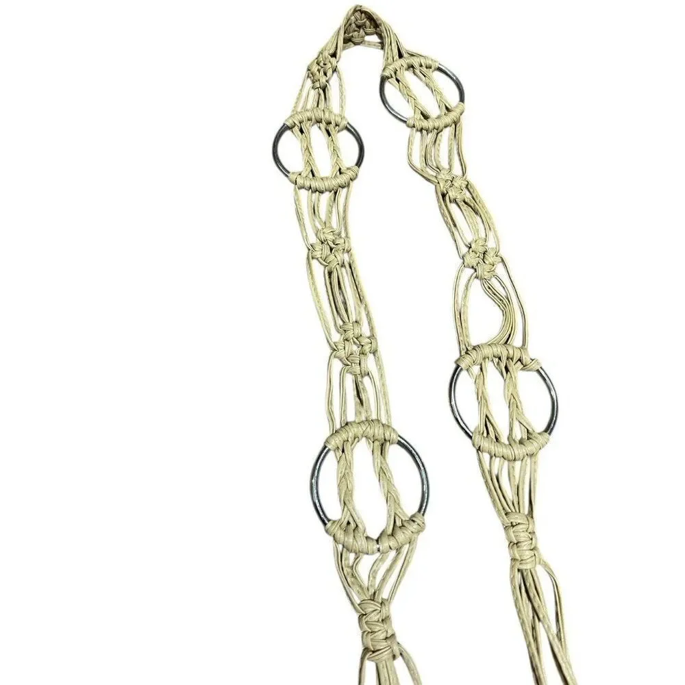 Tan Faux Leather Knotted Rope Waist Belt Round Silver Metal Rings Long Strands